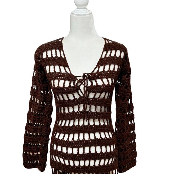 Elexiay Long Sleeve Crochet Maxi Swim Cover Up Small Brown NEW - Picture 3 of 8